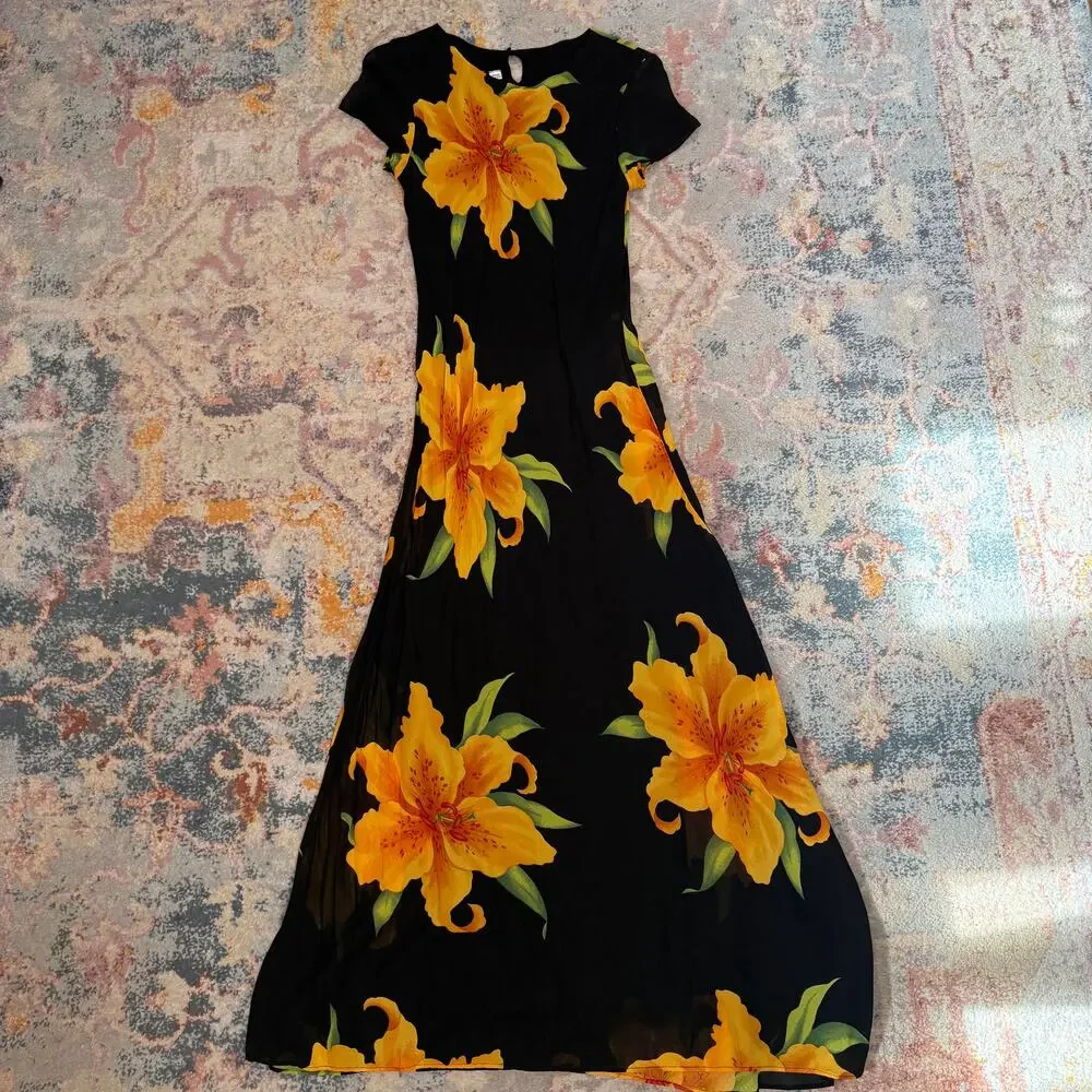 Vintage 90s black daffodil print maxi dress
